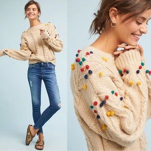 ANTHROPOLOGIE PEPALOVES Beige Cableknit Multicolor Pom-Pom Pullover Sweater S